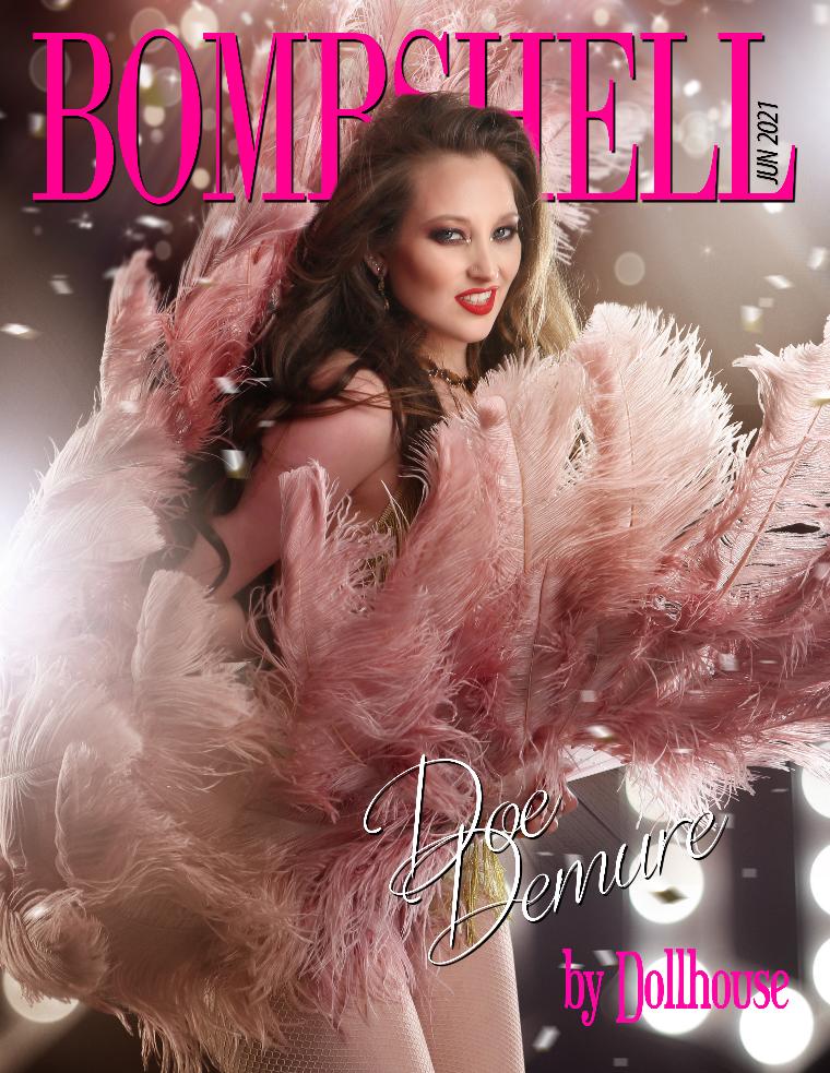 Doe Demure burlesque feather fans on the cover of BOMBSHELL magazine, photography by Dollhouse, Chrissy Sparks.